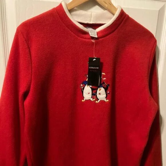 Leslie Fay Sport Ugly Christmas Xmas Vintage Sweater Red Holiday Penguin Light M - Picture 2 of 7